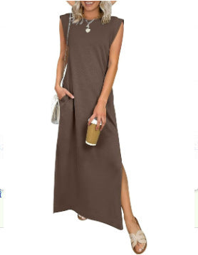 2026 Women Year-Round Casual Round Neck Loose Split Wrinkle-Free Long Maxi Vacation Dress