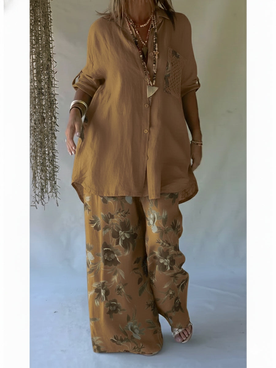 🔥 Casual Floral Print Linen And Cotton Shirt And Trousers Two-piece Set