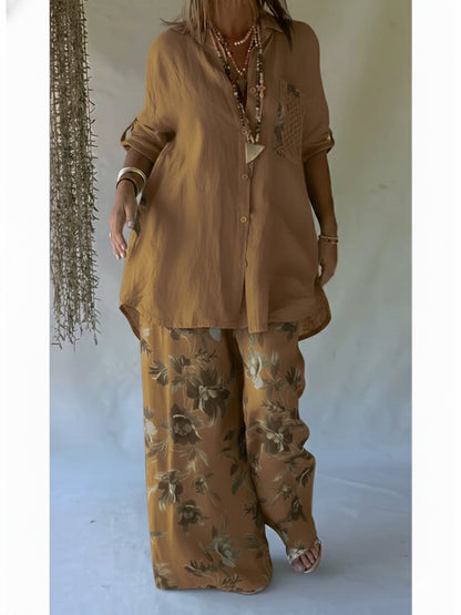 🔥 Casual Floral Print Linen And Cotton Shirt And Trousers Two-piece Set