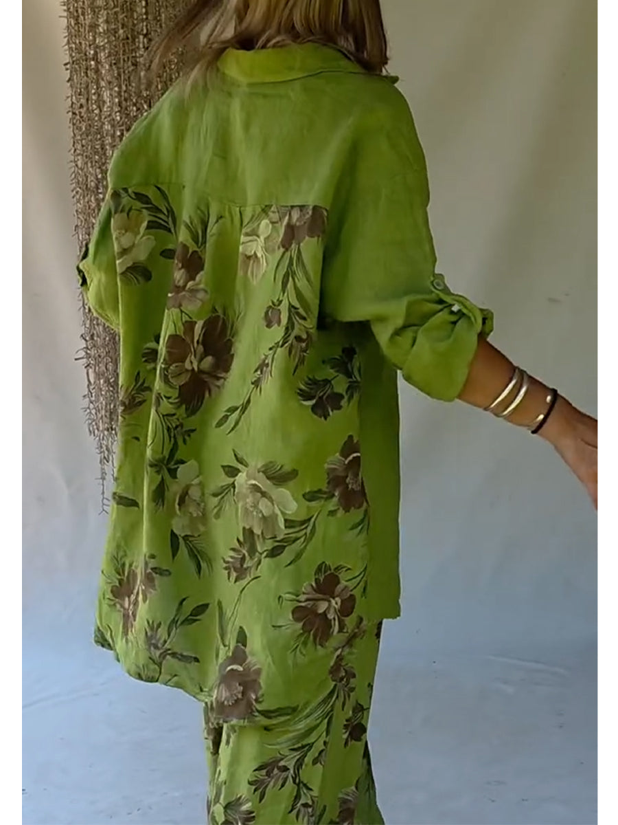 🔥 Casual Floral Print Linen And Cotton Shirt And Trousers Two-piece Set