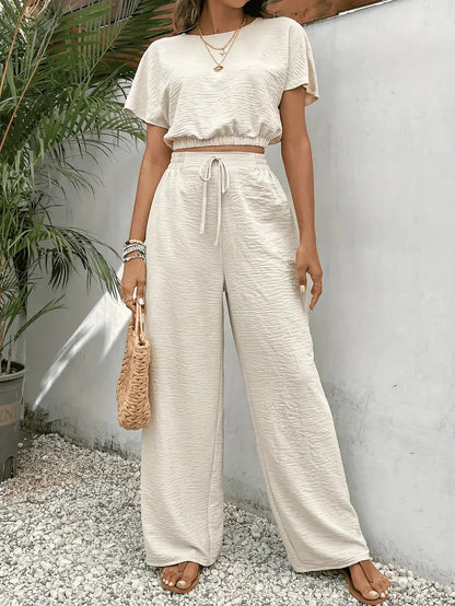 Casual 2 Piece Lounge Set for Women – Short Sleeve Crop Top & Wide Leg Pants Outfit