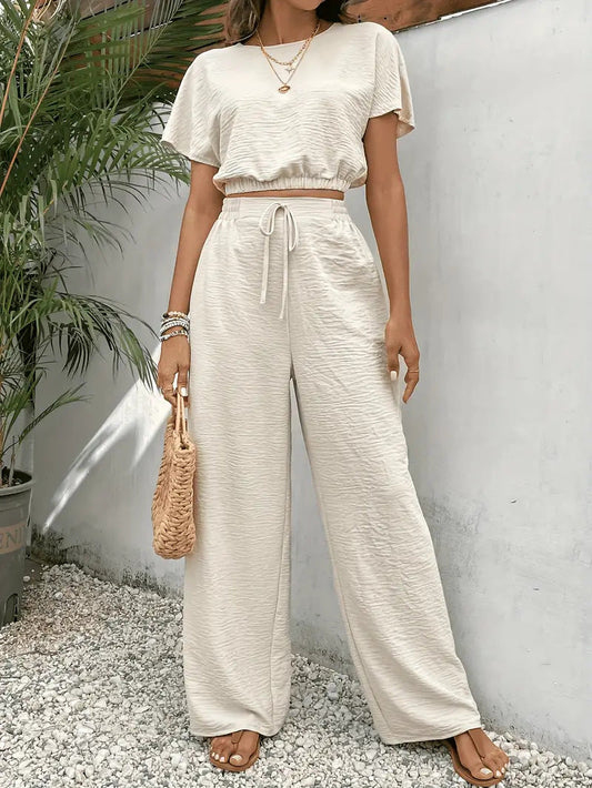Casual 2 Piece Lounge Set for Women – Short Sleeve Crop Top & Wide Leg Pants Outfit