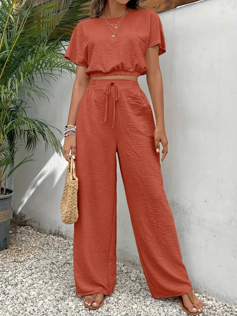 Casual 2 Piece Lounge Set for Women – Short Sleeve Crop Top & Wide Leg Pants Outfit