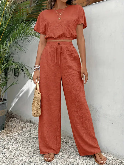 Casual 2 Piece Lounge Set for Women – Short Sleeve Crop Top & Wide Leg Pants Outfit