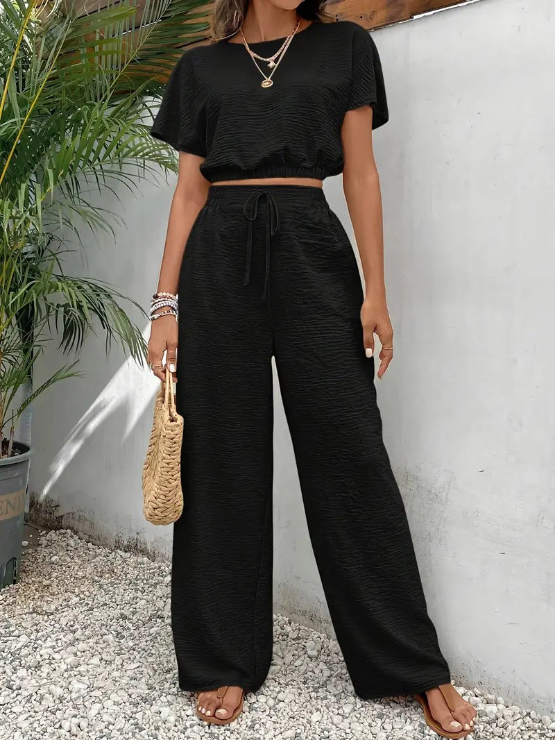 Casual 2 Piece Lounge Set for Women – Short Sleeve Crop Top & Wide Leg Pants Outfit