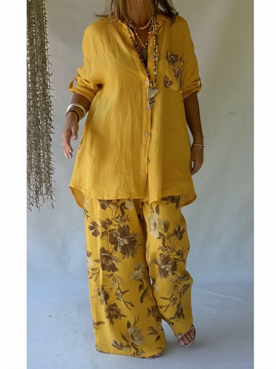 🔥 Casual Floral Print Linen And Cotton Shirt And Trousers Two-piece Set