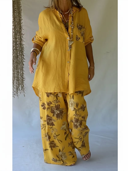 🔥 Casual Floral Print Linen And Cotton Shirt And Trousers Two-piece Set