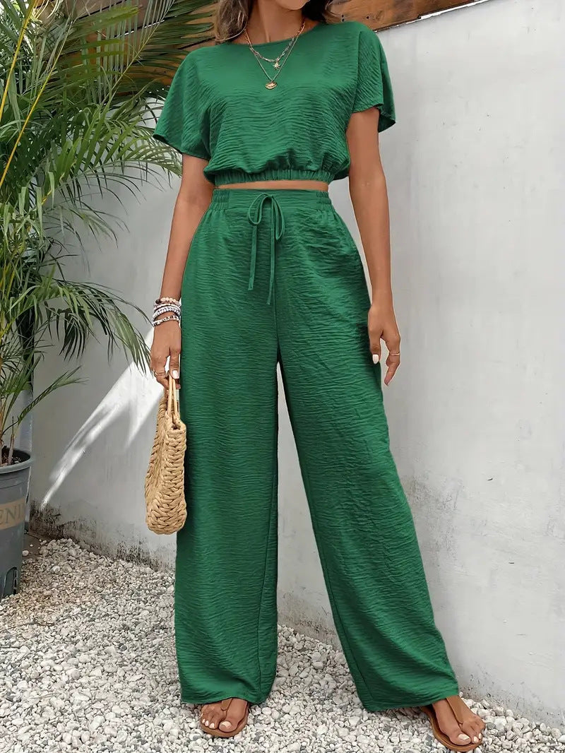 Casual 2 Piece Lounge Set for Women – Short Sleeve Crop Top & Wide Leg Pants Outfit