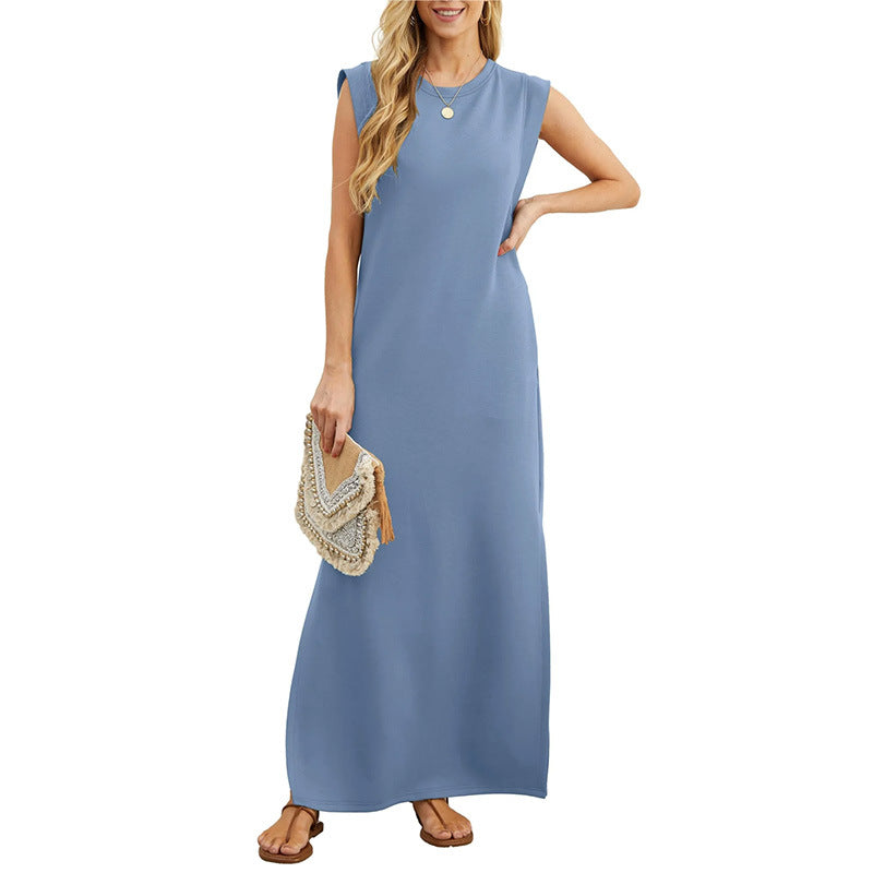 2026 Women Year-Round Casual Round Neck Loose Split Wrinkle-Free Long Maxi Vacation Dress