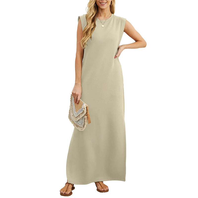 2026 Women Year-Round Casual Round Neck Loose Split Wrinkle-Free Long Maxi Vacation Dress