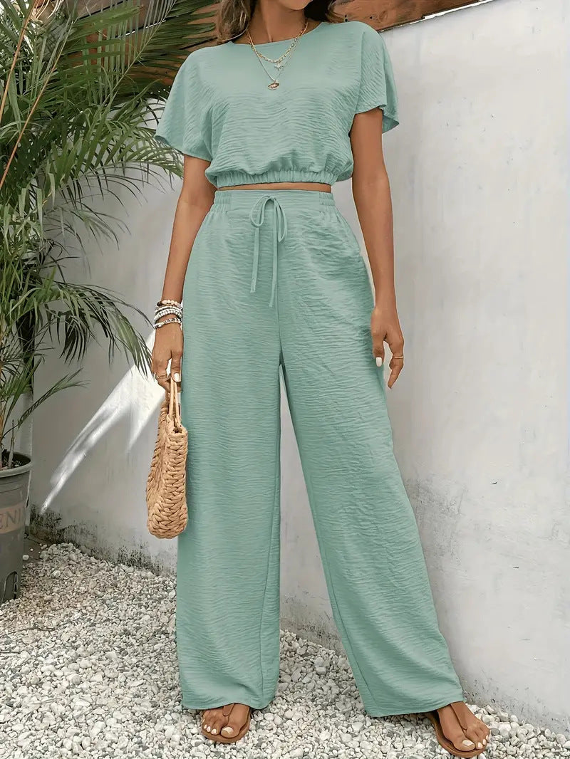 Casual 2 Piece Lounge Set for Women – Short Sleeve Crop Top & Wide Leg Pants Outfit