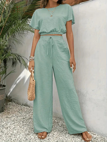 Casual 2 Piece Lounge Set for Women – Short Sleeve Crop Top & Wide Leg Pants Outfit