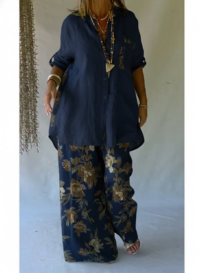 🔥 Casual Floral Print Linen And Cotton Shirt And Trousers Two-piece Set