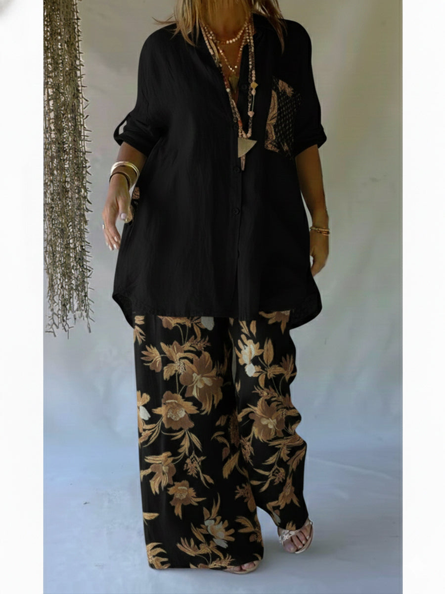 🔥 Casual Floral Print Linen And Cotton Shirt And Trousers Two-piece Set
