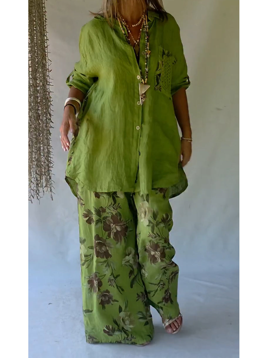 🔥 Casual Floral Print Linen And Cotton Shirt And Trousers Two-piece Set