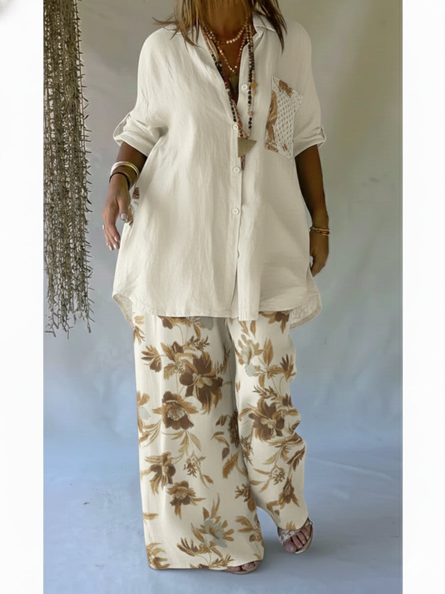 🔥 Casual Floral Print Linen And Cotton Shirt And Trousers Two-piece Set