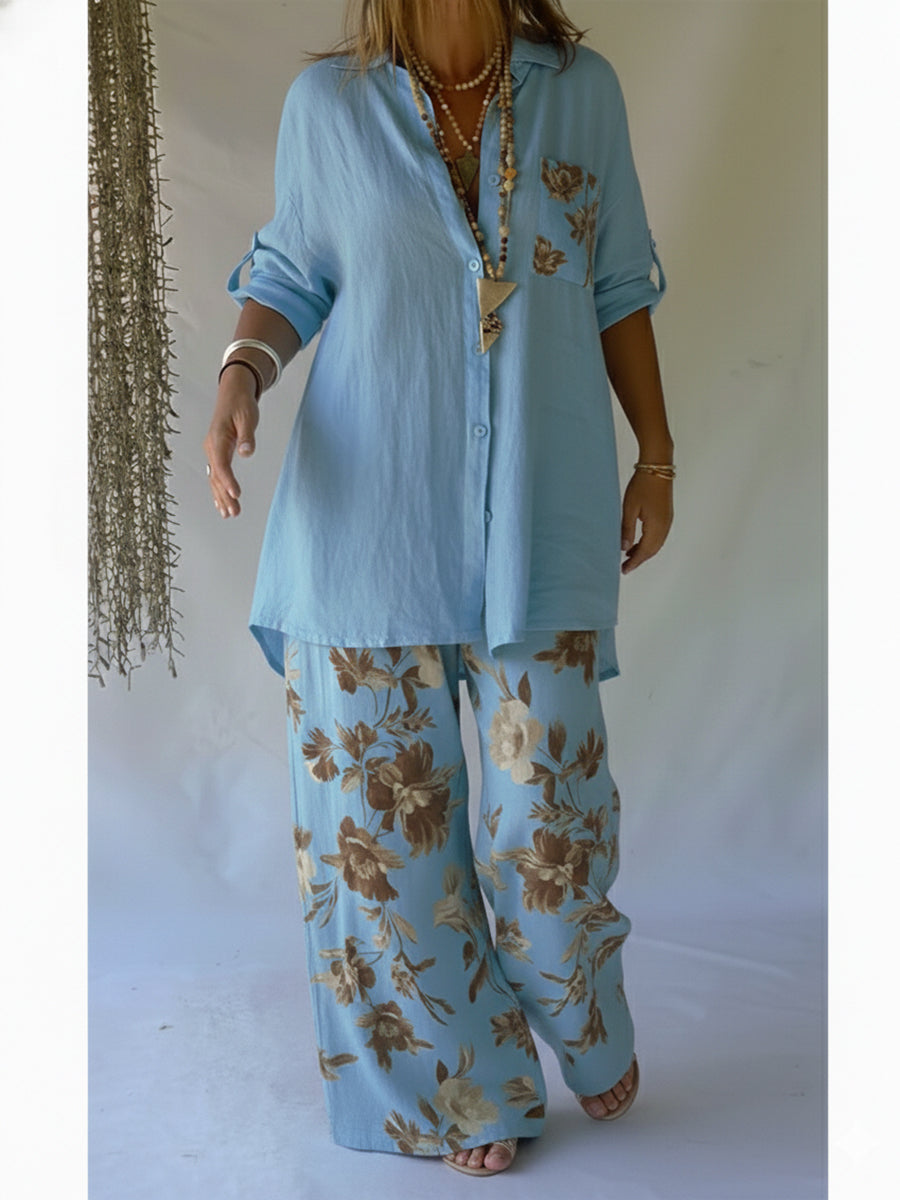 🔥 Casual Floral Print Linen And Cotton Shirt And Trousers Two-piece Set