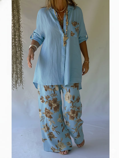 🔥 Casual Floral Print Linen And Cotton Shirt And Trousers Two-piece Set
