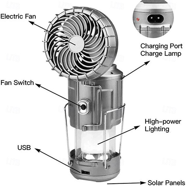 Solar Camping Light with Fan Portable and Stretchable Electric Fan Emergency Light Outdoor Lighting Mobile Phone Rechargeable LED Tent Light