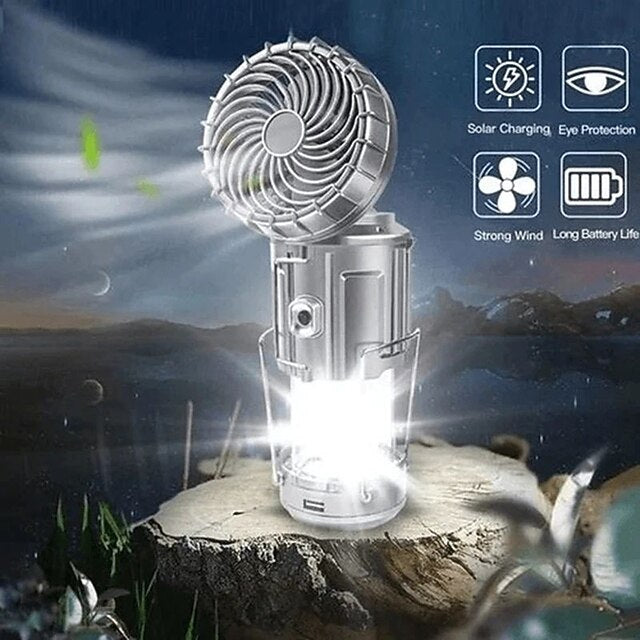 Solar Camping Light with Fan Portable and Stretchable Electric Fan Emergency Light Outdoor Lighting Mobile Phone Rechargeable LED Tent Light