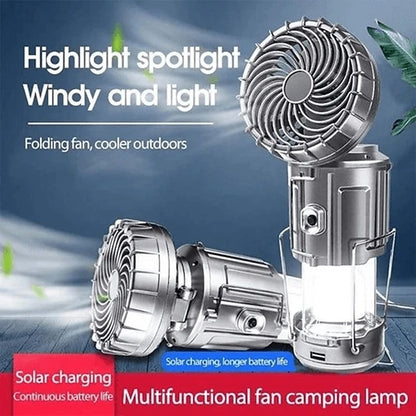 Solar Camping Light with Fan Portable and Stretchable Electric Fan Emergency Light Outdoor Lighting Mobile Phone Rechargeable LED Tent Light